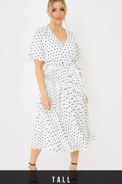 Polka Dot Print Pleated Wrap Midi Dress|In the Style Hot