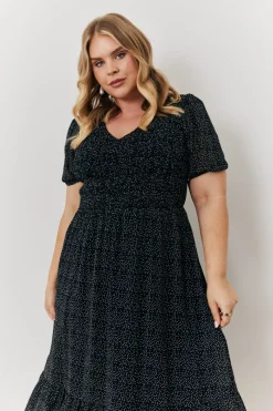 Polka Dot V Neck Puff Sleeve Midaxi Dress|In the Style Discount