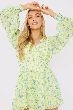 Printed Balloon Sleeve Playsuit|In the Style Online