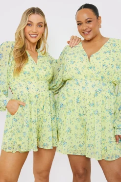 Printed Balloon Sleeve Playsuit|In the Style Online