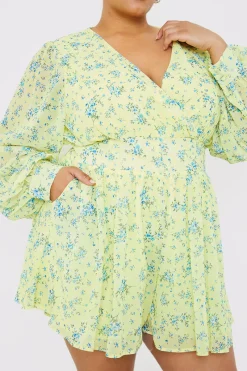 Printed Balloon Sleeve Playsuit|In the Style Online
