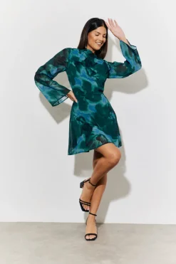 Printed Draped Back Boat Neck Mini Dress|In the Style Discount