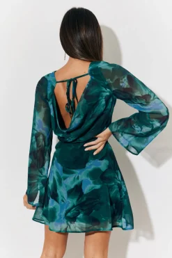 Printed Draped Back Boat Neck Mini Dress|In the Style Discount