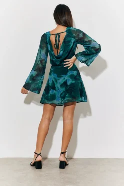Printed Draped Back Boat Neck Mini Dress|In the Style Discount