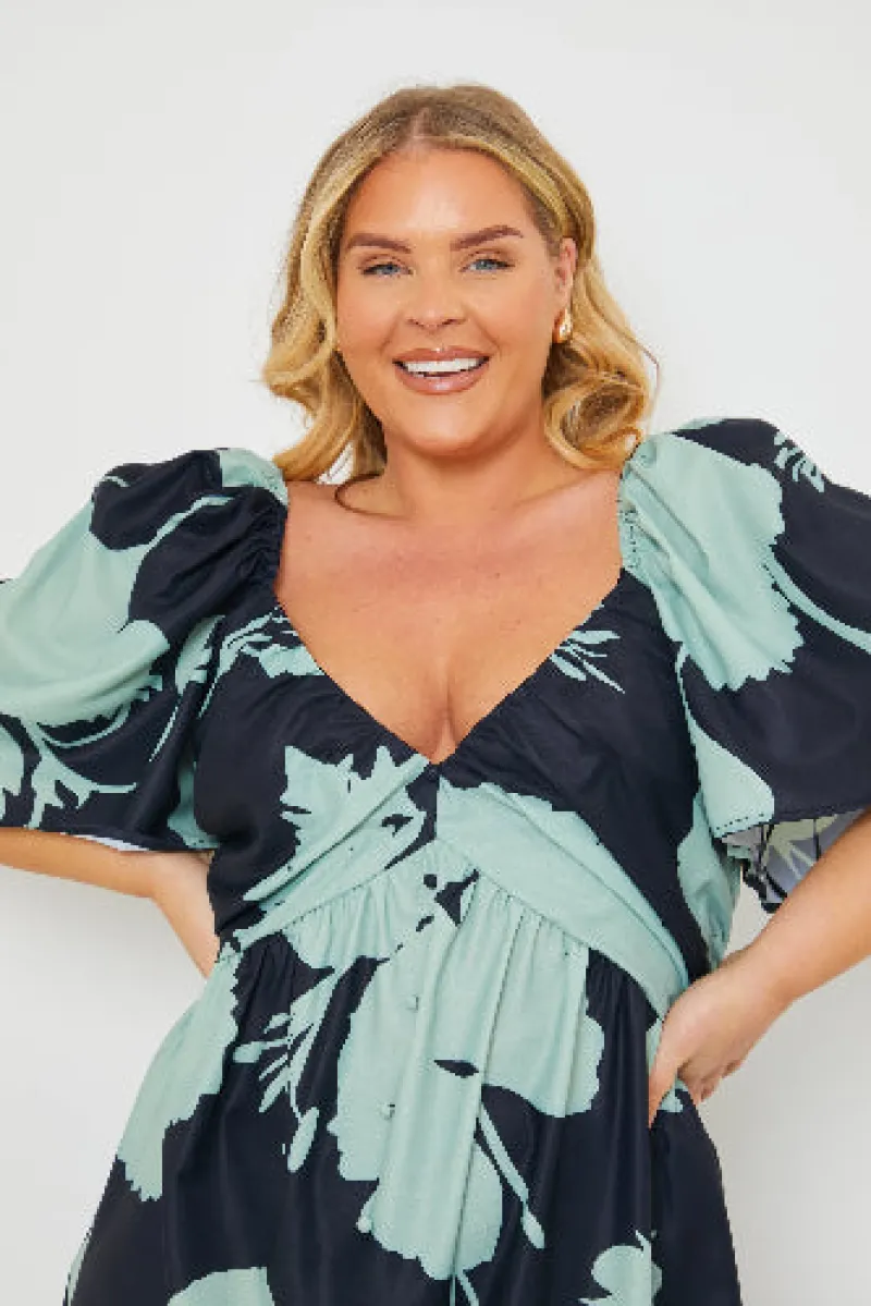Printed Flutter Sleeve Ruched Bust Midi Dress|In the Style Best