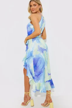 Racer Neck Abstract Print Satin Frill Belted Midaxi Dress|In the Style Discount