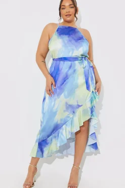 Racer Neck Abstract Print Satin Frill Belted Midaxi Dress|In the Style Discount