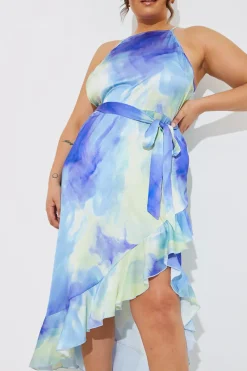 Racer Neck Abstract Print Satin Frill Belted Midaxi Dress|In the Style Discount