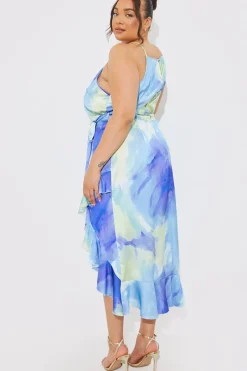 Racer Neck Abstract Print Satin Frill Belted Midaxi Dress|In the Style Discount