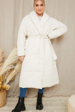 Recycled Belted Longline Lapel Collar Puffer|In the Style