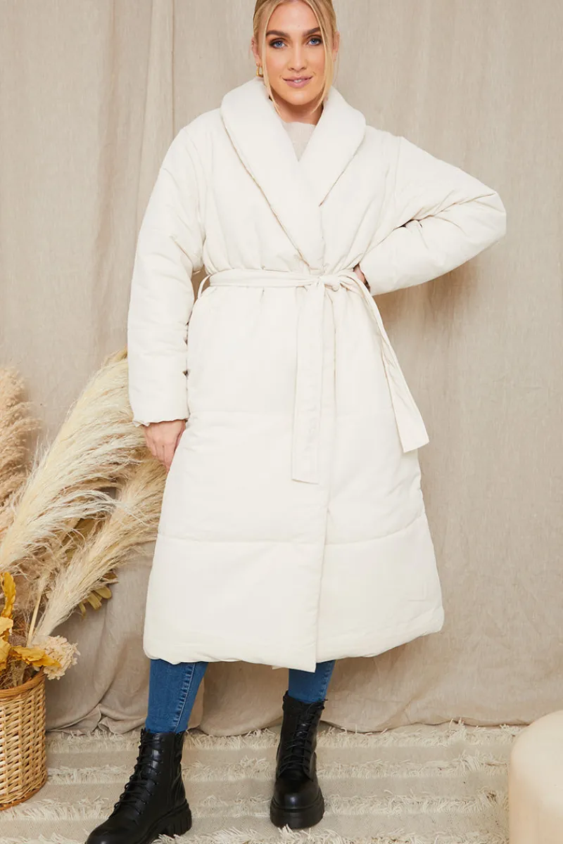 Recycled Belted Longline Lapel Collar Puffer|In the Style