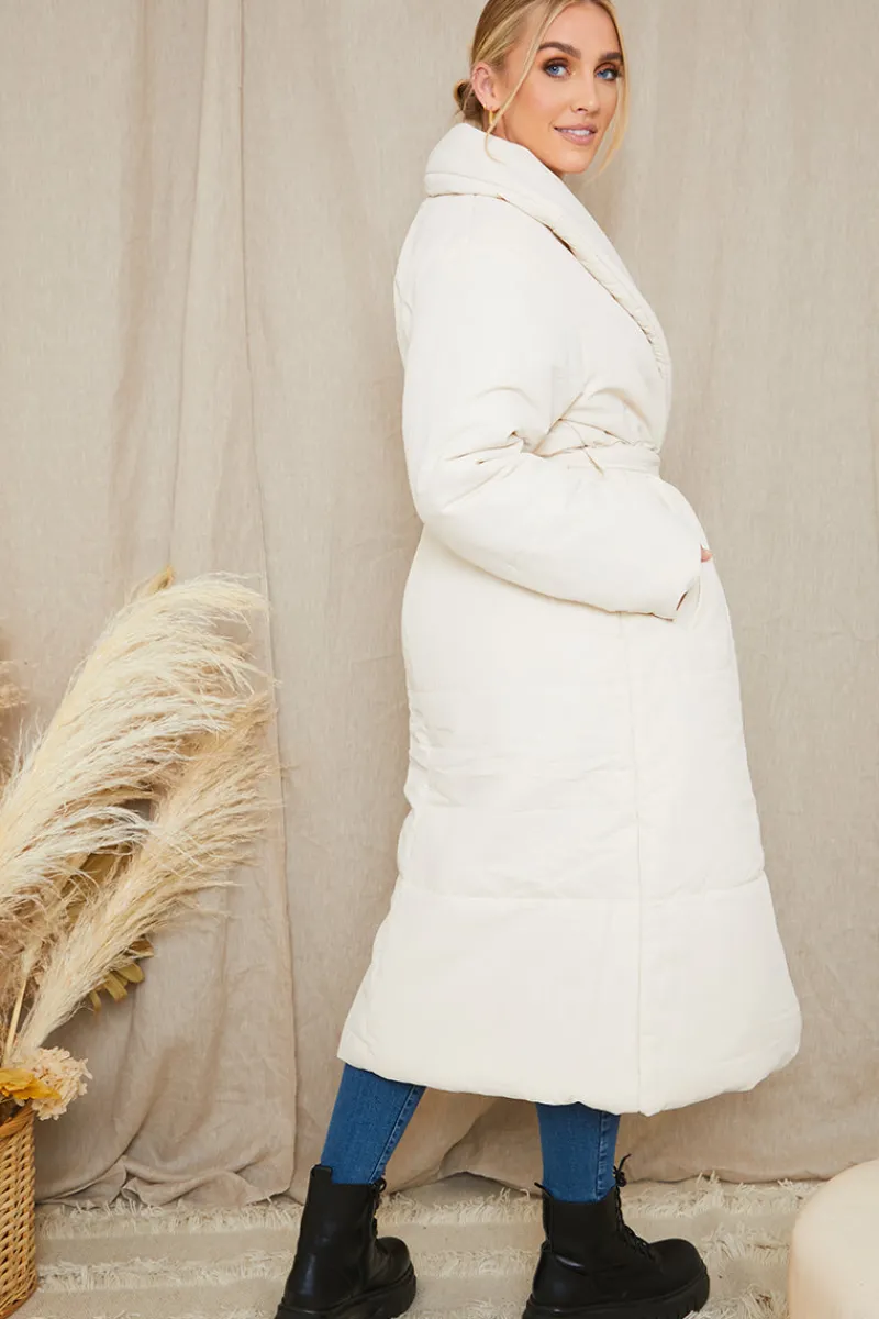 Recycled Belted Longline Lapel Collar Puffer|In the Style