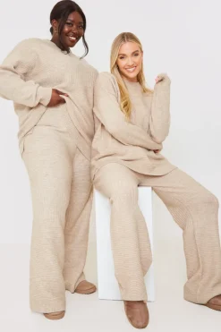 Recycled Contrast Knitted Ribbed Co Ord Wide Leg Trouser|In the Style Hot