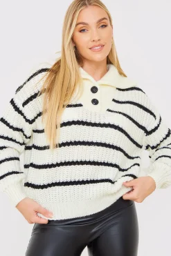 Recycled Stripe Half Button Knitted Jumper|In the Style Hot
