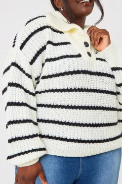 Recycled Stripe Half Button Knitted Jumper|In the Style Hot