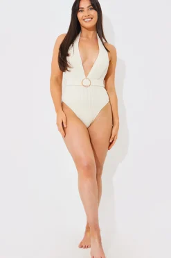 Rib Belted Halterneck Swimsuit|In the Style Clearance