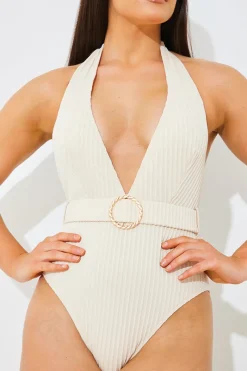 Rib Belted Halterneck Swimsuit|In the Style Clearance
