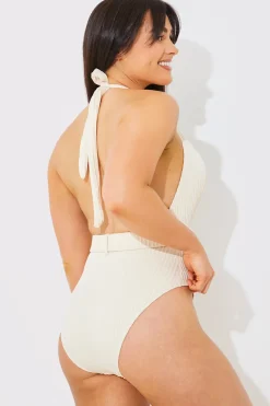 Rib Belted Halterneck Swimsuit|In the Style Clearance