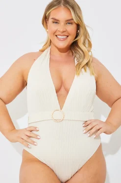 Rib Belted Halterneck Swimsuit|In the Style Clearance