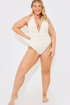 Rib Belted Halterneck Swimsuit|In the Style Clearance