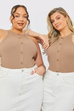 Rib Knit Button Detail Racer Neck Bodysuit|In The Style Outlet