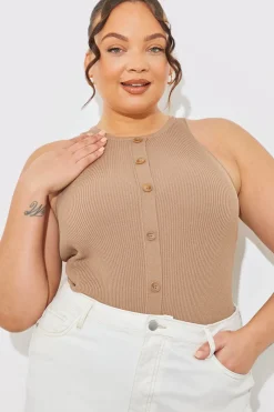 Rib Knit Button Detail Racer Neck Bodysuit|In The Style Outlet