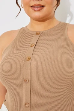 Rib Knit Button Detail Racer Neck Bodysuit|In The Style Outlet