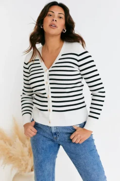 Rib Knit Button Up Stripe Cardigan|In The Style