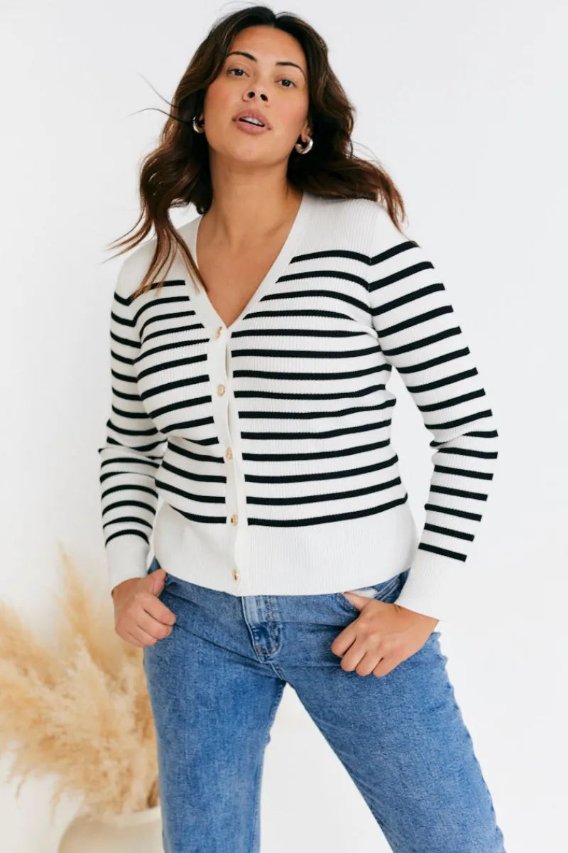 Rib Knit Button Up Stripe Cardigan|In The Style