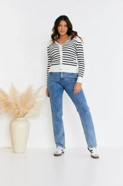 Rib Knit Button Up Stripe Cardigan|In The Style