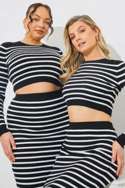 Rib Knit Stripe Crew Neck Co-Ord Top|In The Style New