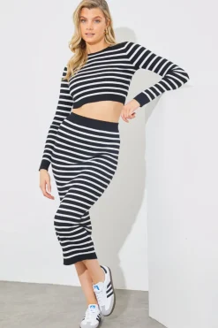 Rib Knit Stripe Crew Neck Co-Ord Top|In The Style New
