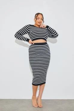 Rib Knit Stripe Crew Neck Co-Ord Top|In The Style New
