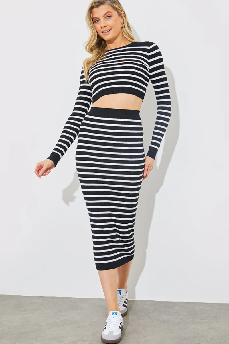 Rib Knit Stripe High Waisted Co-Ord Midi Skirt|In The Style Best