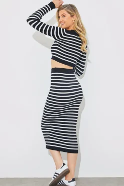 Rib Knit Stripe High Waisted Co-Ord Midi Skirt|In The Style Best