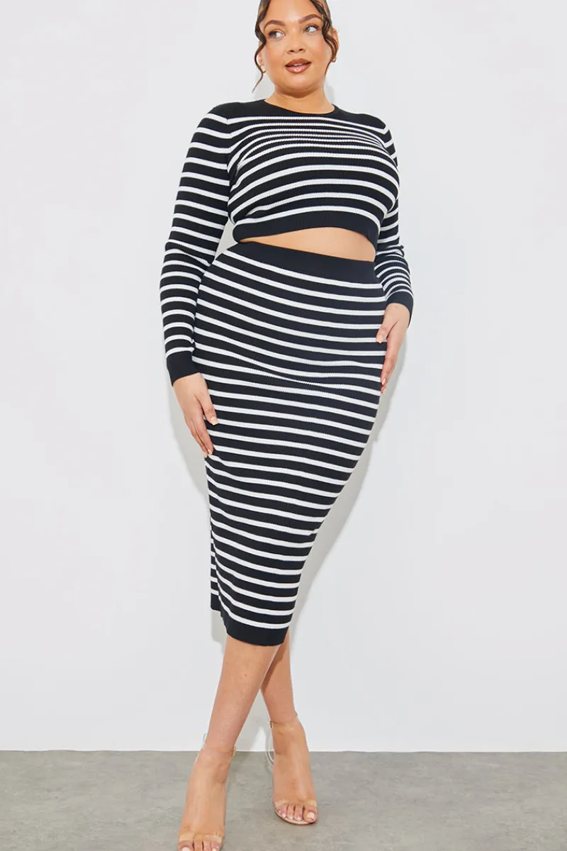 Rib Knit Stripe High Waisted Co-Ord Midi Skirt|In The Style Best