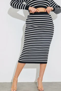 Rib Knit Stripe High Waisted Co-Ord Midi Skirt|In The Style Best