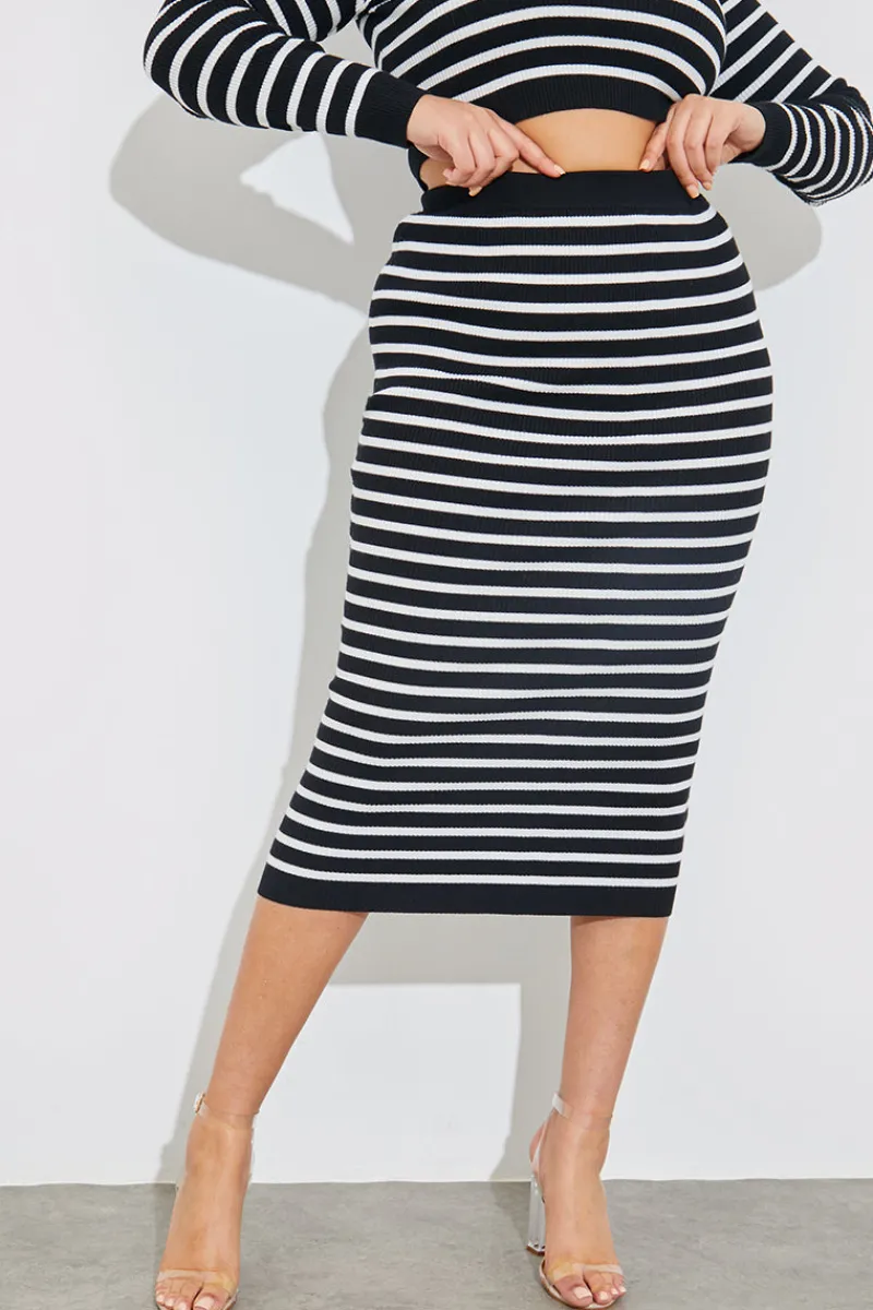 Rib Knit Stripe High Waisted Co-Ord Midi Skirt|In The Style Best