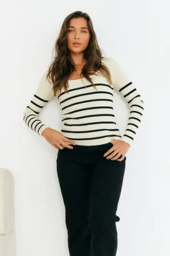 Rib Knit Stripe Scoop Neck Long Sleeve Top|In The Style Discount