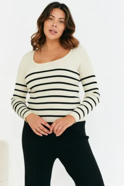 Rib Knit Stripe Scoop Neck Long Sleeve Top|In The Style Discount