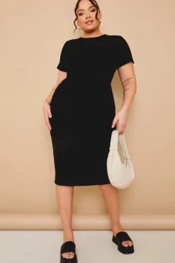 Ribbed Crew Neck Short Sleeve Midi Dress|In The Style Sale