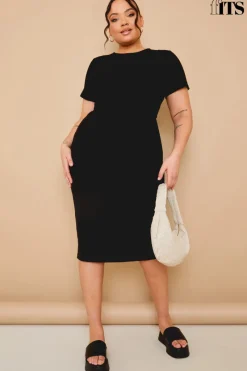 Ribbed Crew Neck Short Sleeve Midi Dress|In The Style Sale