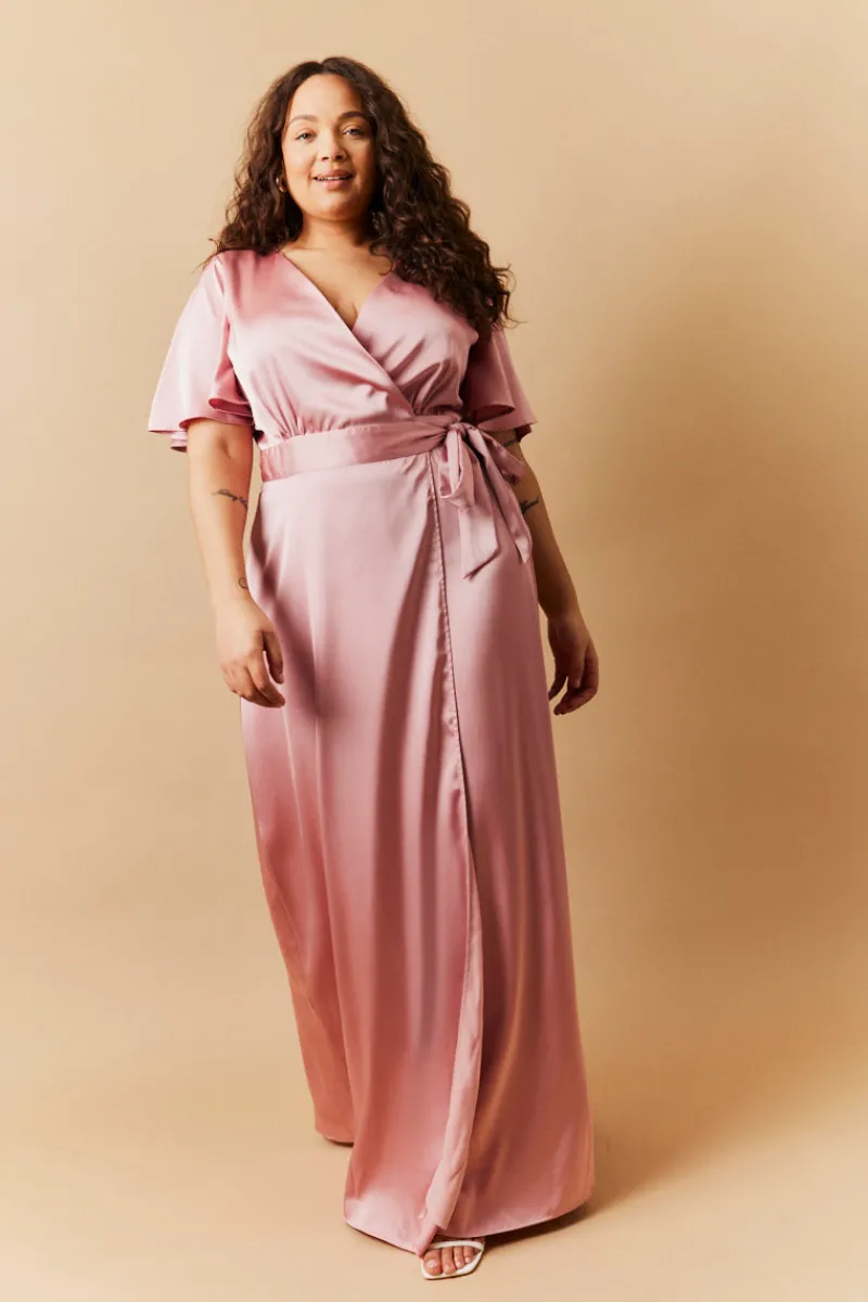 Satin Wrap Tie Angel Sleeve Maxi Dress|In The Style Sale