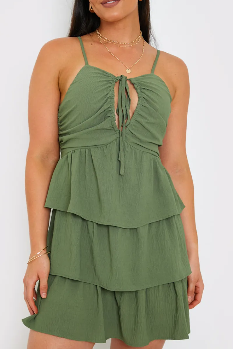 Ruched Bust Tie Detail Frill Mini Dress|In the Style Hot