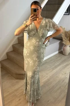 Floral Print Chiffon Flutter Sleeve Maxi Dress|In The Style