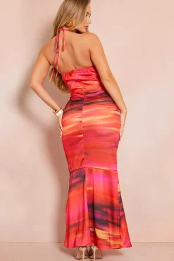 Satin Abstract Print Halterneck Midaxi Dress|In the Style