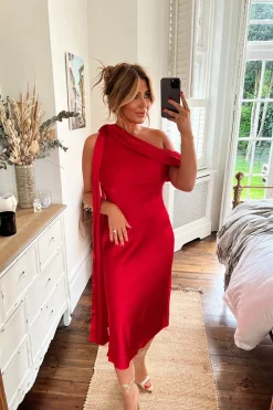 Satin Asymmetric Draped Neckline Midi Dress|In The Style Sale