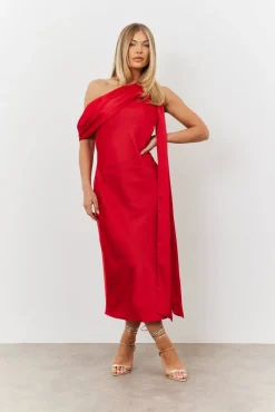 Satin Asymmetric Draped Neckline Midi Dress|In The Style Sale