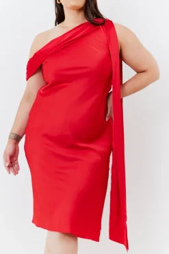 Satin Asymmetric Draped Neckline Midi Dress|In The Style Sale