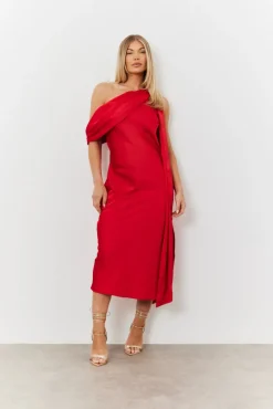 Satin Asymmetric Draped Neckline Midi Dress|In The Style Sale